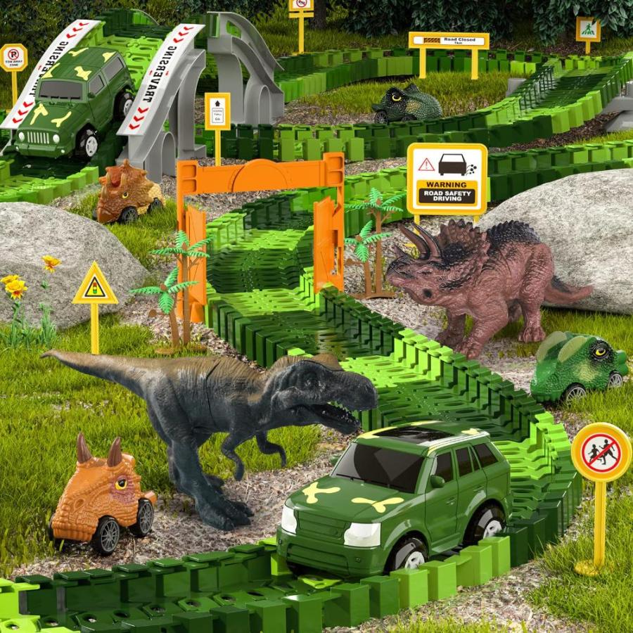 Dinosaur World Race Track Toys for Kids - Best Birthday Gifts for Age 3 4 5  6 7 Year Old Boys and Girls, PREPOP Deluxe Dino Sets, 220 pcs