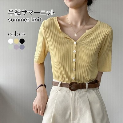 レディース サマーニット 半袖 シャツ 薄手 トップス オフィス Tシャツ 前開き ブラウス リブニット ハイストレッチ ニットブラウス 通販 Lineポイント最大get Lineショッピング