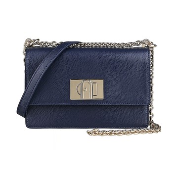 FURLA 1927拱門LOGO皮革旋鈕式鏈帶斜背方包(迷你/海軍藍)