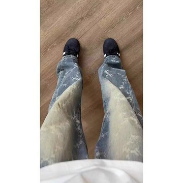 美式cleanfit荊棘提花牛仔褲男高街vibe褲子男水洗直筒微喇彎刀褲 顯瘦 闊腿牛仔褲