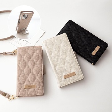 多裝置相容於智慧型手機外殼，筆記本風格 [絎縫波浪簡約銘牌，姓名雕刻] 智慧型手機肩帶，側邊磁鐵支架 AE23U