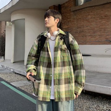 日系cityboy格子襯衫外套男春秋潮流寬松休閑長袖襯衣青少年男裝