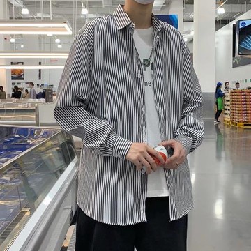 黑色條紋襯衫男秋季新款港風長袖襯衣韓版潮流寬松休閑外套上衣服