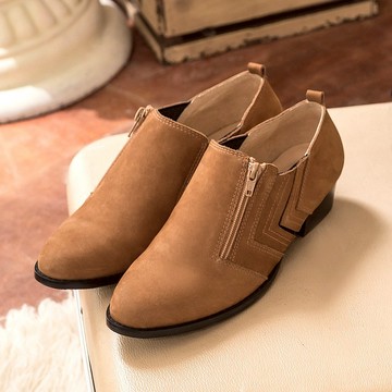 柚木色 台灣製 牛巴戈車線拉鍊真皮短靴