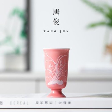 陶瓷茶杯女士高足品茗杯主人杯單杯茶具女生個人專用小號桃粉花神