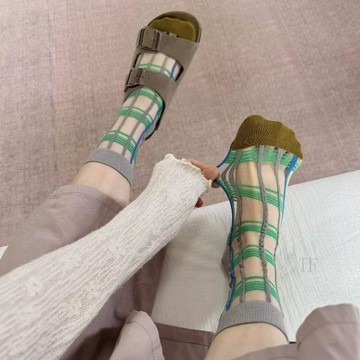💢臺灣出貨💢夏季薄款女襪新中式條紋網眼透氣襪子女花邊少女感中筒襪