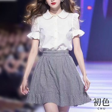 初色  娃娃領單排扣襯衫上衣/高腰格紋半身裙-共2款-34686(M-XL可選)