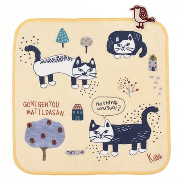 kUSUgURU JAPAN 日本眼鏡貓 Matilda-san系列 紗布絨手帕  黃色  25cm x 25cm