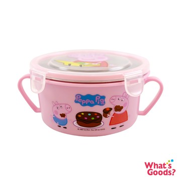 佩佩豬透明蓋450ml隔熱雙耳扣環不鏽鋼碗/餐碗/餐盒(粉色)