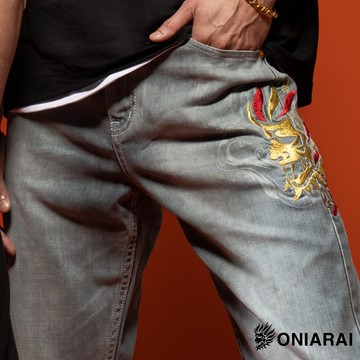 【買1送1】和藝術側鬼繡花丹寧中腰直筒褲 - BLUE WAY 鬼洗い