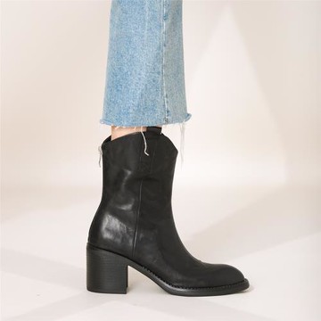 西部靴女2023新款秋冬季圓頭粗跟美式復古百搭真皮棕色馬丁短靴子