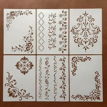 繪畫 模板 手帳 鏤空 鏤空繪畫模板 花紋花邊尺手繪模板尺 鏤空繪畫邊框圖案 手賬拓印範本花邊尺填色模版 繪畫板 DIY