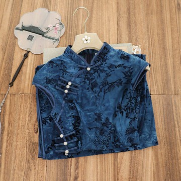 俏娘魚藍色復古新中式改良月牙袖旗袍女2025春夏新款國風素雅日常鑫弘-素時衣櫥