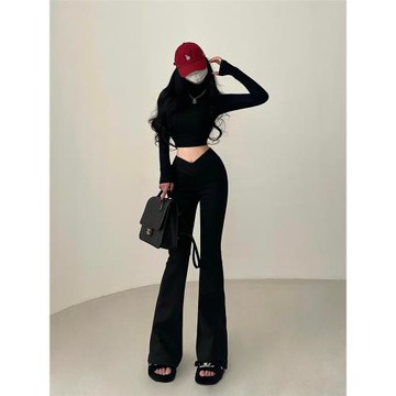 YoungGirlDay 歐美風高腰V形褲腰緊身顯瘦微喇顯腿長休閑褲長褲女