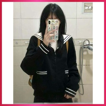 柚里 秋季薄外套女日系撞色學院風軟妹海軍領衛衣女春季薄款寬鬆小個子開衫外套上衣