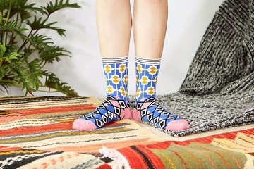 花磚 棉質中筒襪 - 襪子 -  中藍