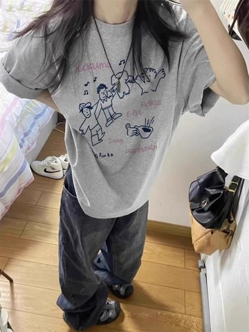 美式復古 純棉短袖T恤女 情侶休閒T恤 設計感美式寬鬆 女生上衣 韓版t 大學T