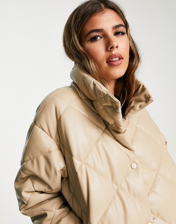 Stradivarius faux leather padded puffer jacker in beige-White
