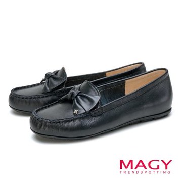 MAGY 真皮蝴蝶結平底莫卡辛鞋 黑色