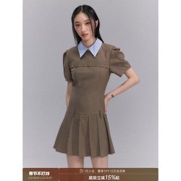 【清倉特惠】DIDDI美式學院風撞色短袖連衣裙低腰壓褶a字灰色短裙