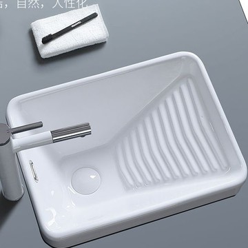台灣公司貨 免運 陽臺洗衣盆半嵌入式陶瓷洗手盆帶搓板洗衣加深水槽小號單盆搓衣板 快速發貨