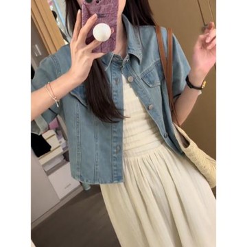 復古疊穿短袖牛仔外套女小個子夏季外穿設計感寬松百搭薄款上衣潮