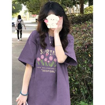 設計感小眾純棉短袖T恤女夏季2025新款洋氣漂亮今年流行紫色上衣