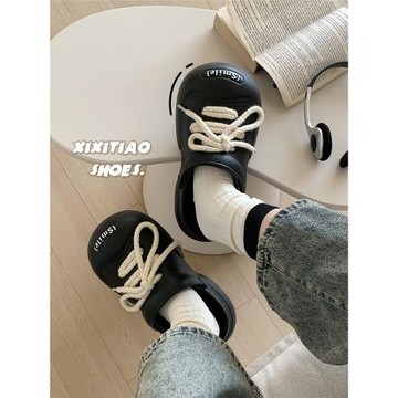 細細條 學生甜酷系帶洞洞鞋女夏季踩屎感厚底百搭外穿包頭半拖鞋