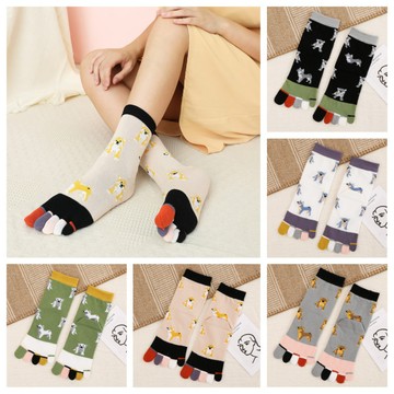 左右襪業 80%精梳棉五指襪女全棉秋冬款中筒厚彩趾可愛狗狗保暖五趾襪棉襪日系拼色卡通純棉分趾襪子現貨精品