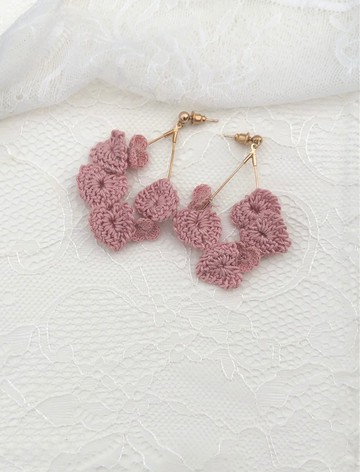 浪漫玫瑰粉紅心心垂墜耳環 | 日本蕾絲線 | 溫柔優雅 | 原創手作