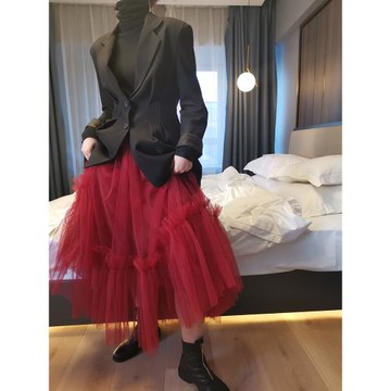 酒紅色高腰紗裙女半身裙小個子2024年春夏氣質中長款仙女裙蓬蓬裙