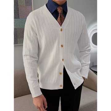 英倫風純色修身針織開衫男秋季潮流紋理長袖v領毛衣簡約休閑外套
