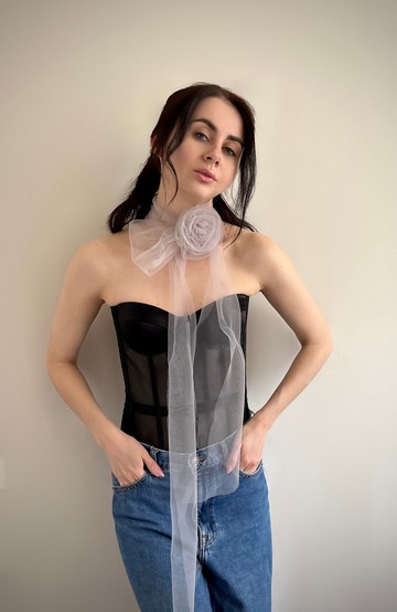 薄紗玫瑰絲巾* 薄紗花朵頸圈 * 雞尾酒派對 灰色玫瑰頸圈