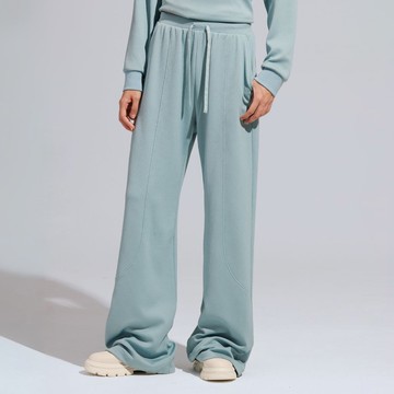 REBOOT動能-立體緹花抽繩落地寬褲-石藍