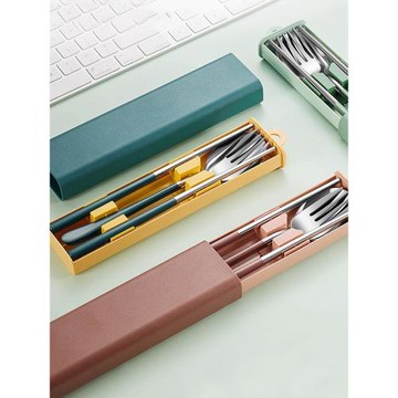 304不銹鋼便攜餐具套裝單人裝三件套叉子勺子筷子學生外帶收納盒