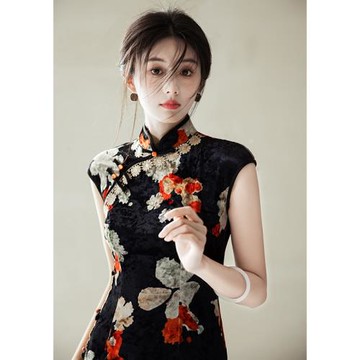 老上海傳統金絲絨印花旗袍女中國風高端優雅大氣改良日常走秀演出