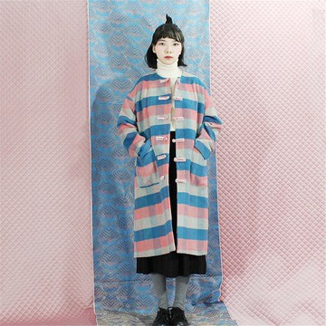 彩虹格紋 羊絨學院風毛呢料長款秋冬外套 新中式中秋春節改良上衣