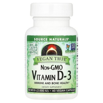 Source Naturals, Vegan True®，Non-GMO 維生素 D3，50 微克（2000 國際單位），60 粒全素膠囊