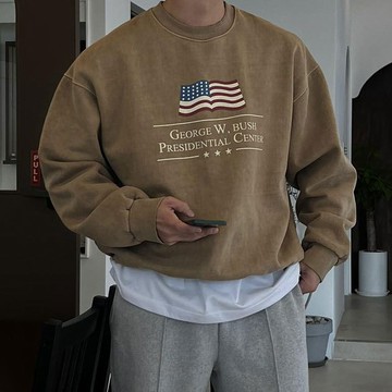 正韓厚實美式復古水洗棉印花內抓絨大學T 4色 YUPPIE 預購商品 1222
