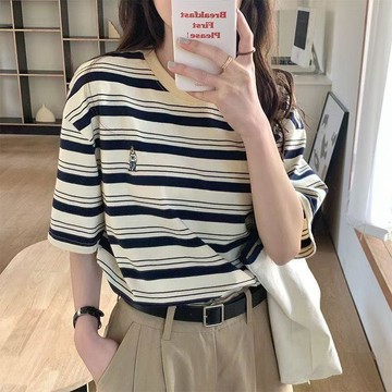 圓領條紋短袖T恤女夏季2025新款韓版刺繡小熊設計感小衆寬鬆上衣