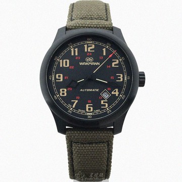 WAKMANN手錶，編號WA00041，44mm黑圓形精鋼錶殼，黑色中三針顯示， 復古風錶面，卡其色複合材質錶帶款_廠商直送