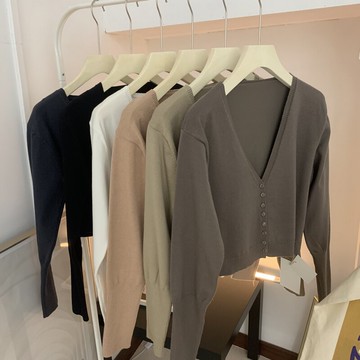 秋季針織開衫女短款外搭新款韓版V-21領寬松長袖純色毛衣外套