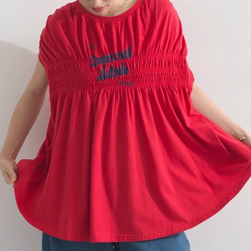 日本 le colis - 清爽天竺棉落肩皺摺短袖上衣-紅