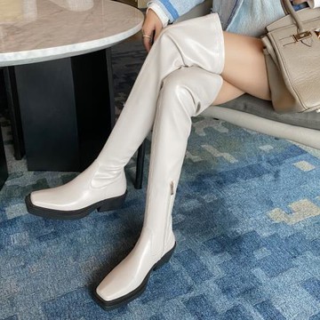 真皮粗跟方頭棕色彈力過膝長靴