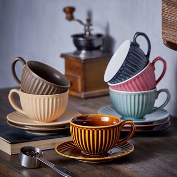 復古雛菊日式咖啡杯碟陶瓷窯變拉花杯套裝拿鐵壓紋手沖粗獷套裝