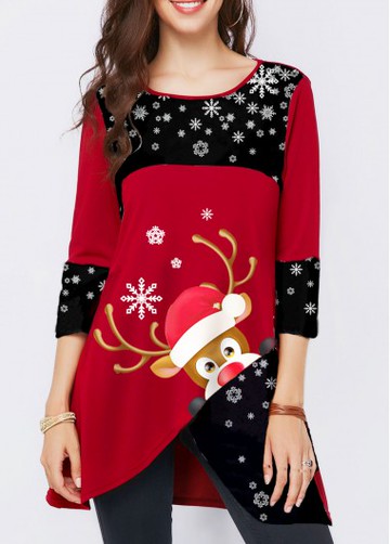 Elk Print Asymmetric Hem Wine Red Christmas T Shirt