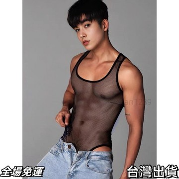 台出免運  簡約高叉背心男潮牌帥氣短袖T恤ins港風百搭運動坎肩透氣網眼AA