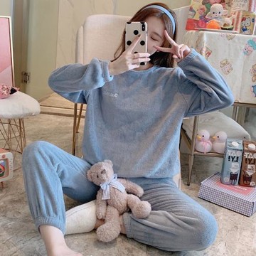 睡衣女春秋冬季珊瑚絨加厚加絨暖暖套裝法蘭絨冬天家居服秋冬新款