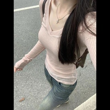 粉色V領微透薄款防曬罩衫女夏季新款甜辣妹修身顯瘦百搭長袖T恤潮
