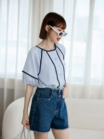 圓領撞色滾邊半開襟泡泡袖上衣